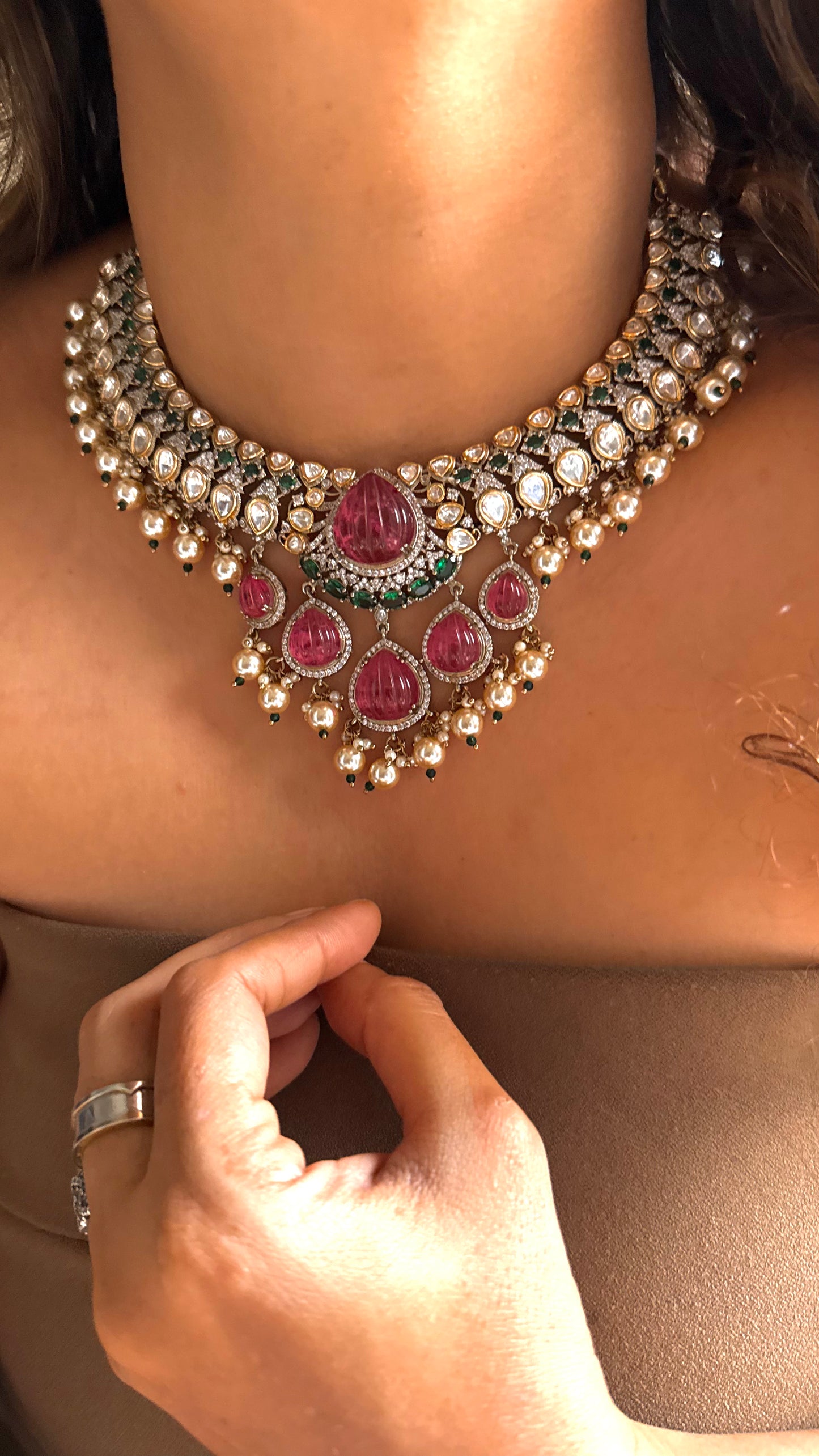 Amethyst rose & emerald polki statement necklace with pearl drop detailing