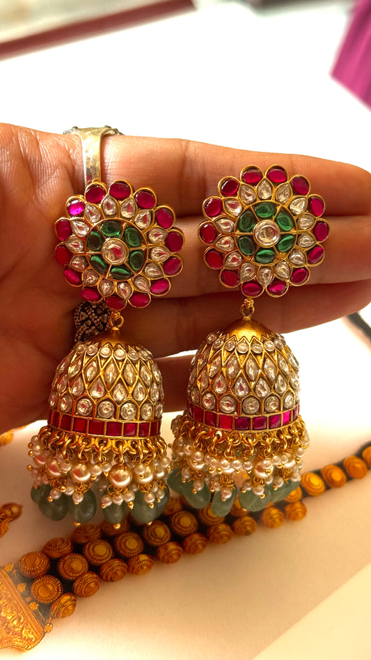 Ruby & emerald with mint drops Paachi  Kundan jhumki