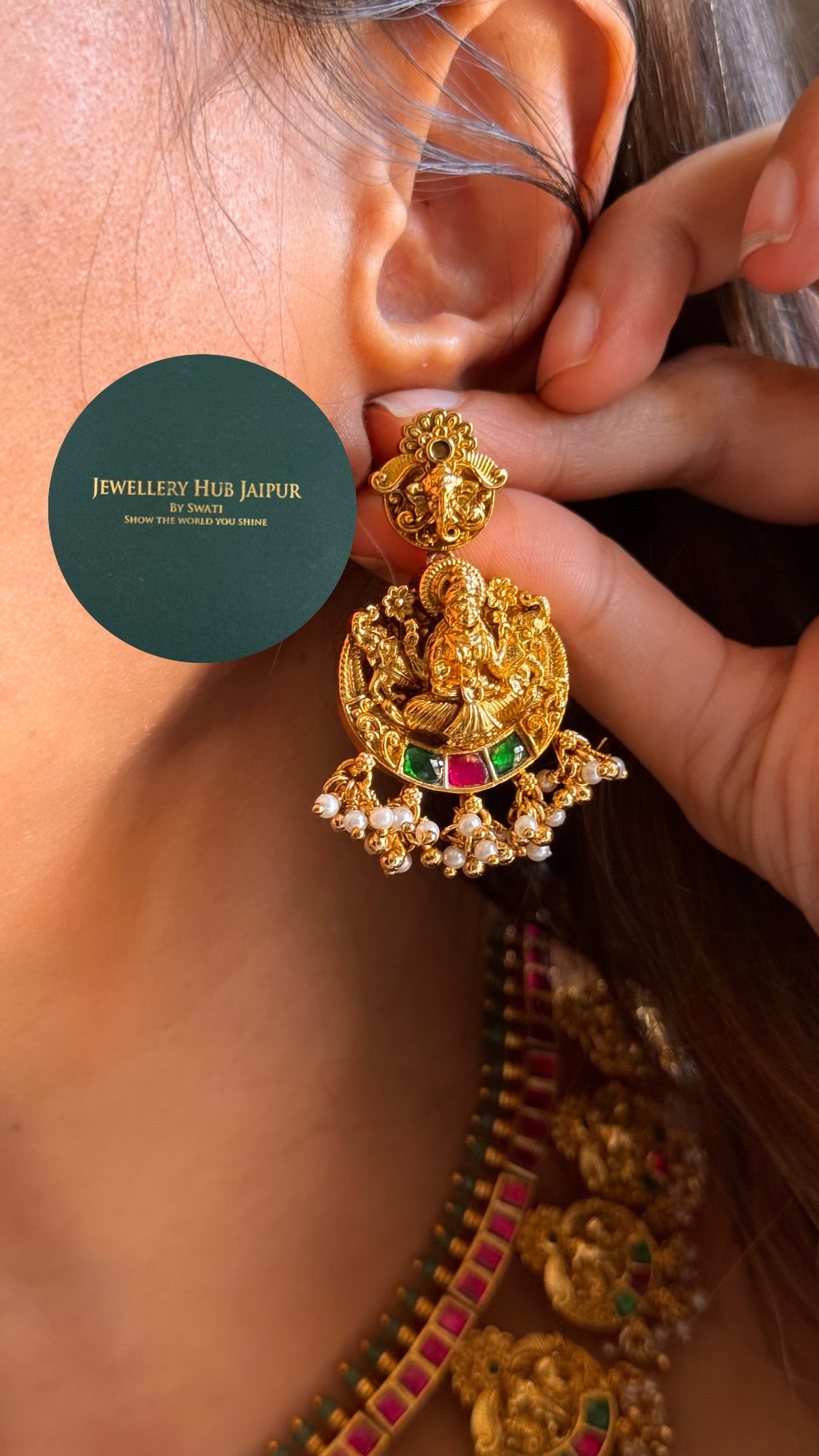 Goddess laxmi & rani pink, emerald with pearl drops temple collar set