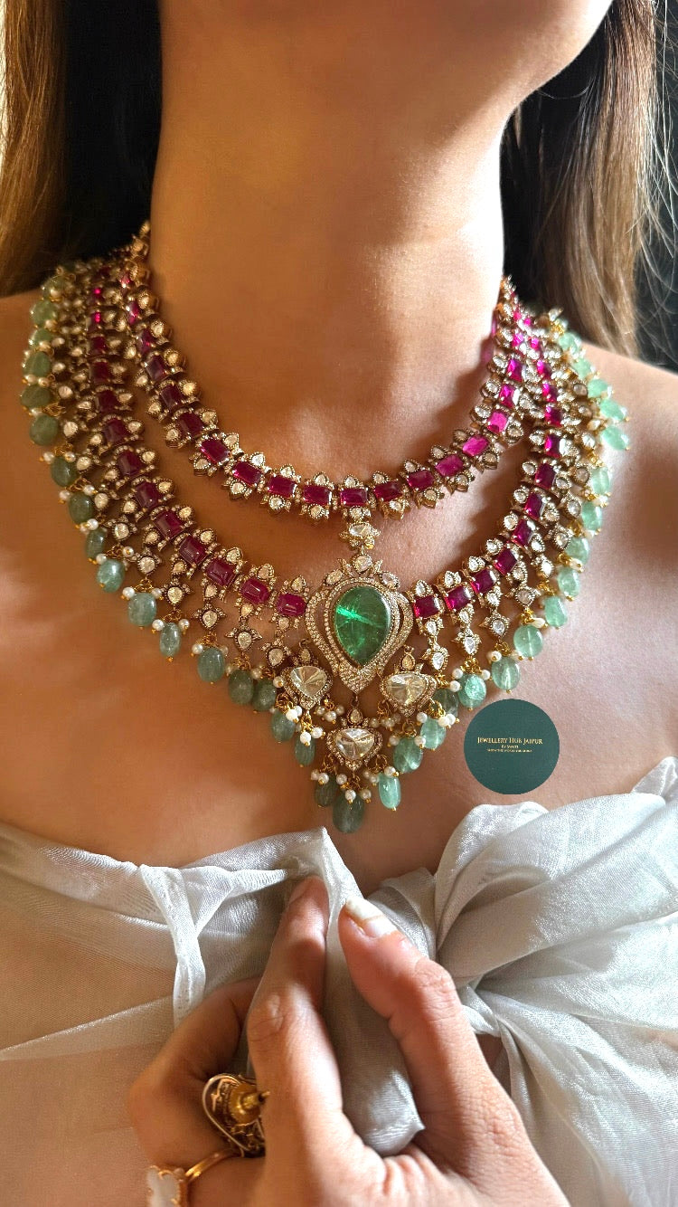 Emerald doublet and Rani pink double layer collar set