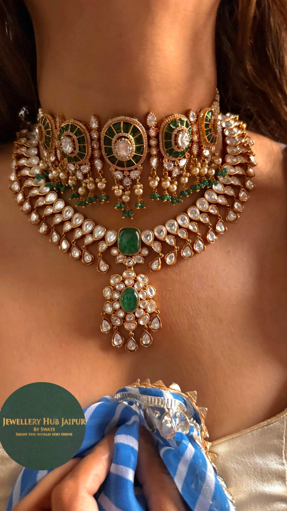 Emerald katdana moissanite polki bridal combo Necklace