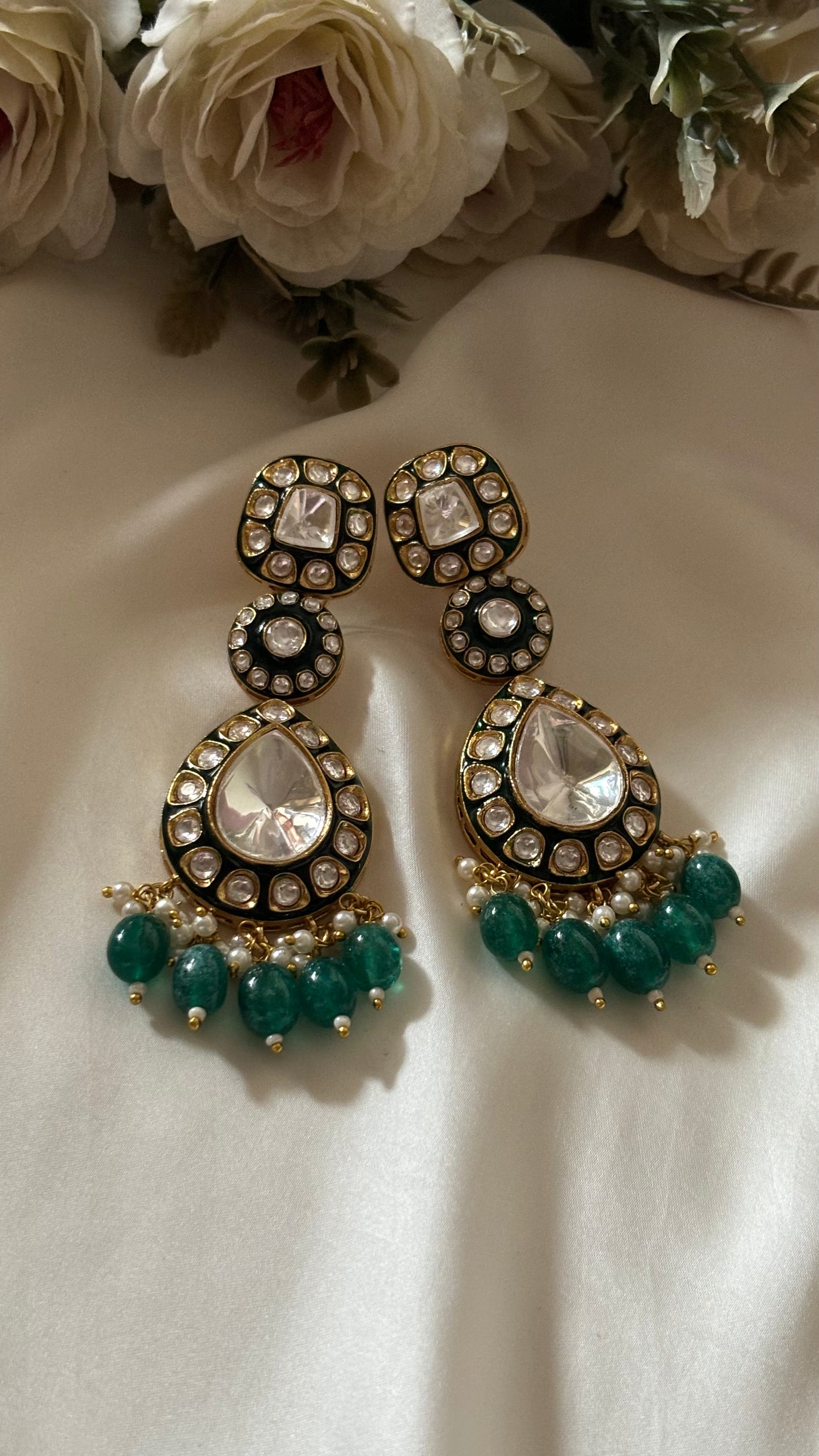Emerald drops uncut Polki danglers