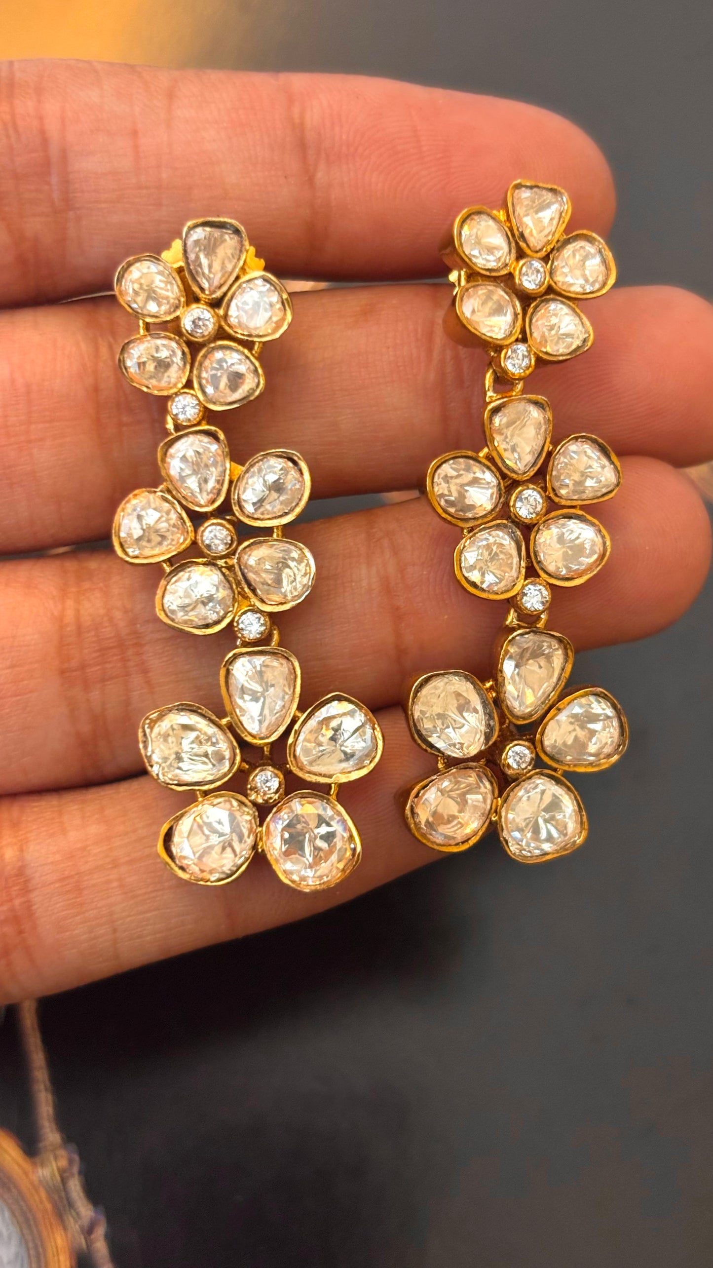 Peeli polki floral triple step earrings