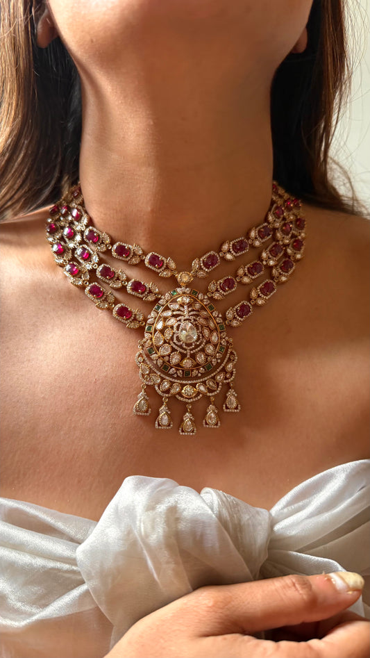Rani pink doublet moissanite 3 layer with emerald collar set