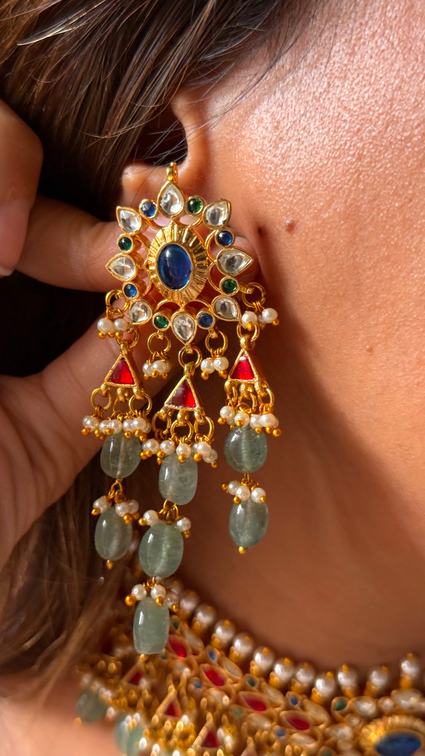 Sunheri sapphire pachi kundan mint pearl detailing Necklace