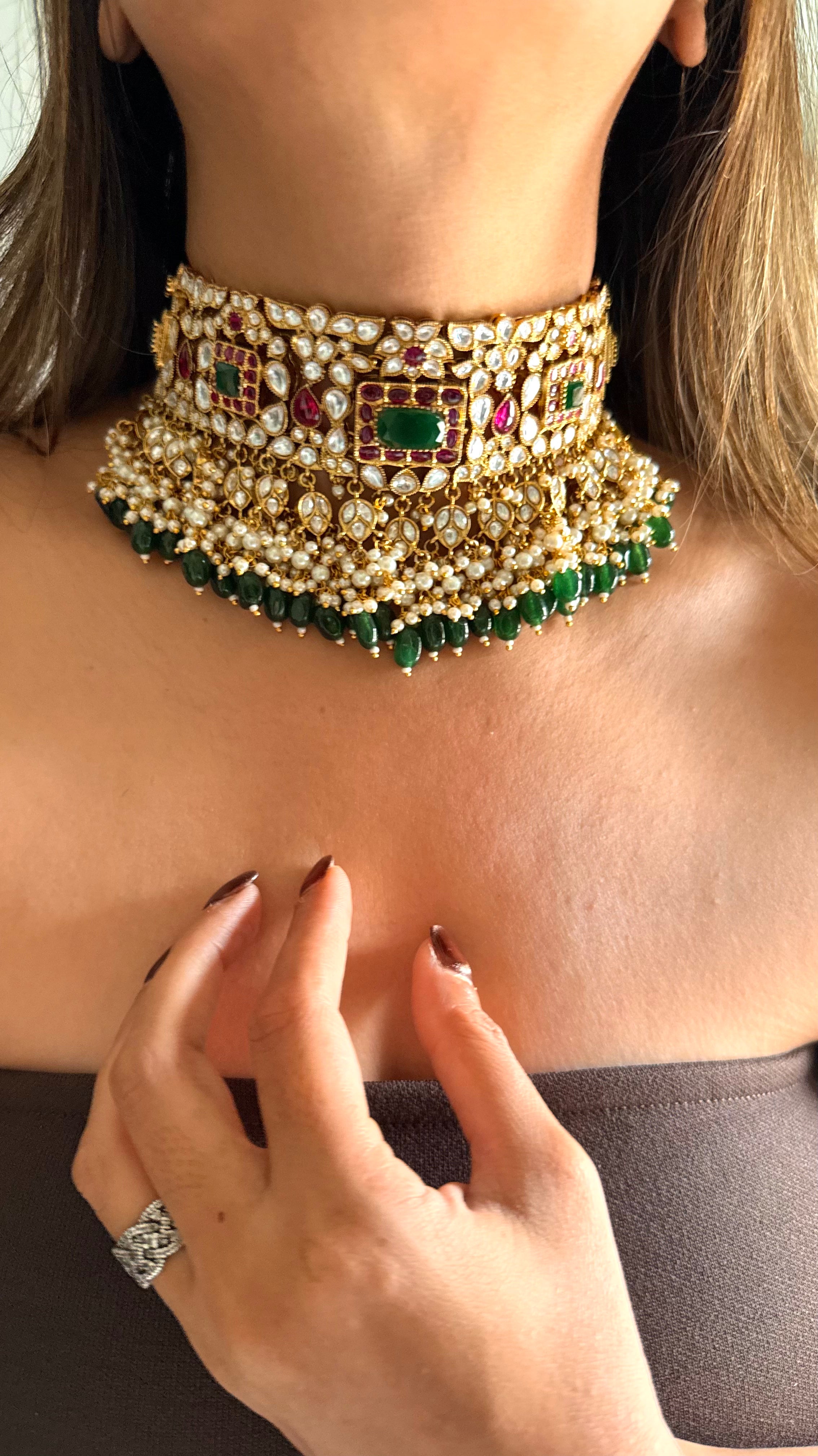 Emerald doublet & rani pink Moissanite floral choker