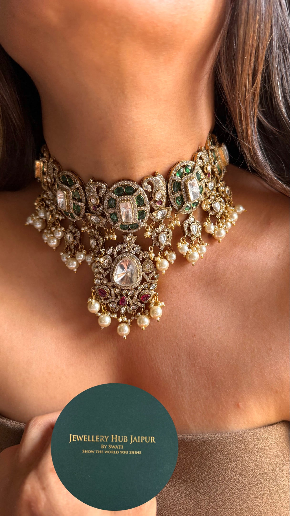 Bridal asia real Moissanite emerald & ruby necklace