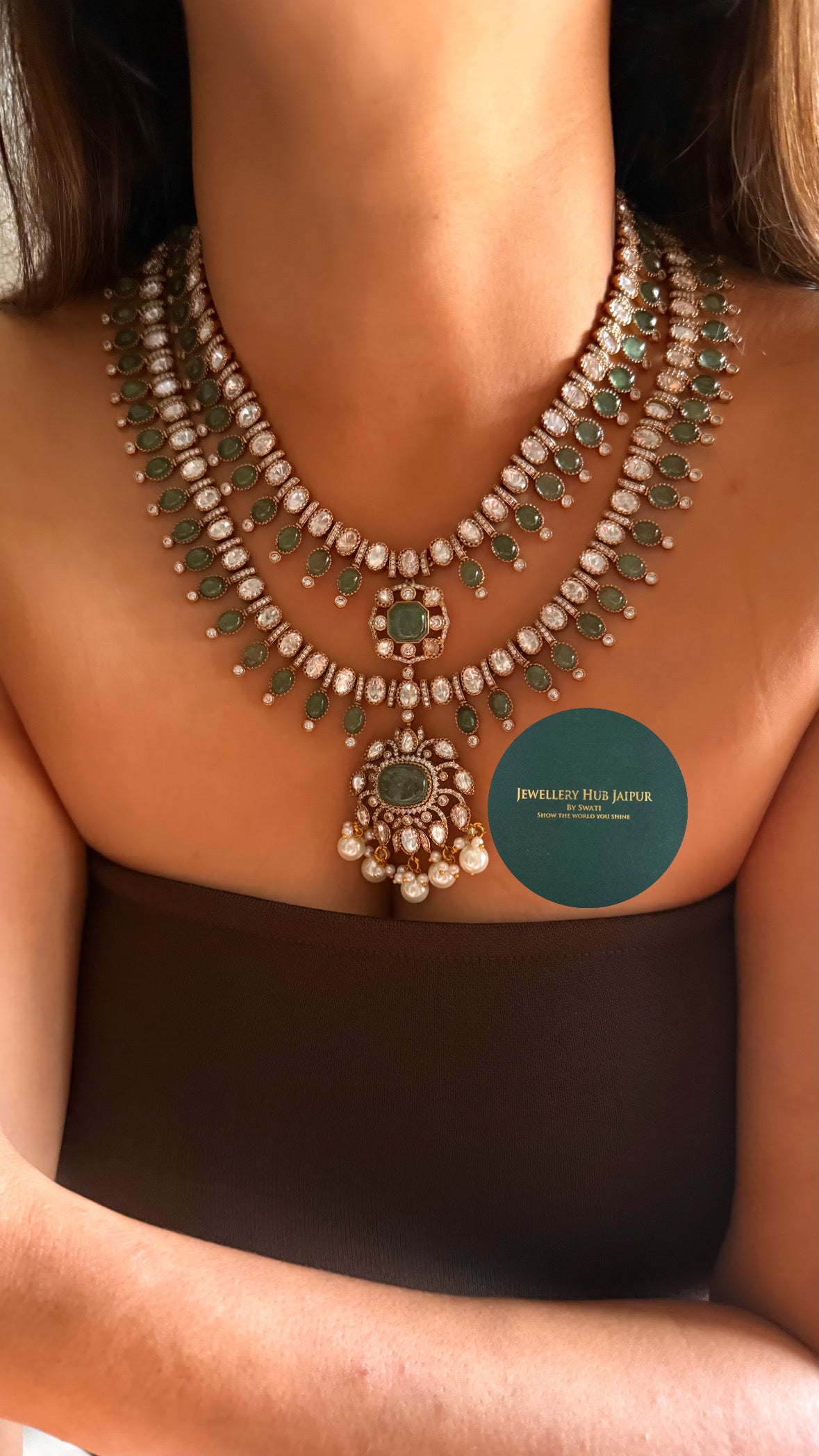 Dual layer moissanite & mint with pearl detailing collar necklace