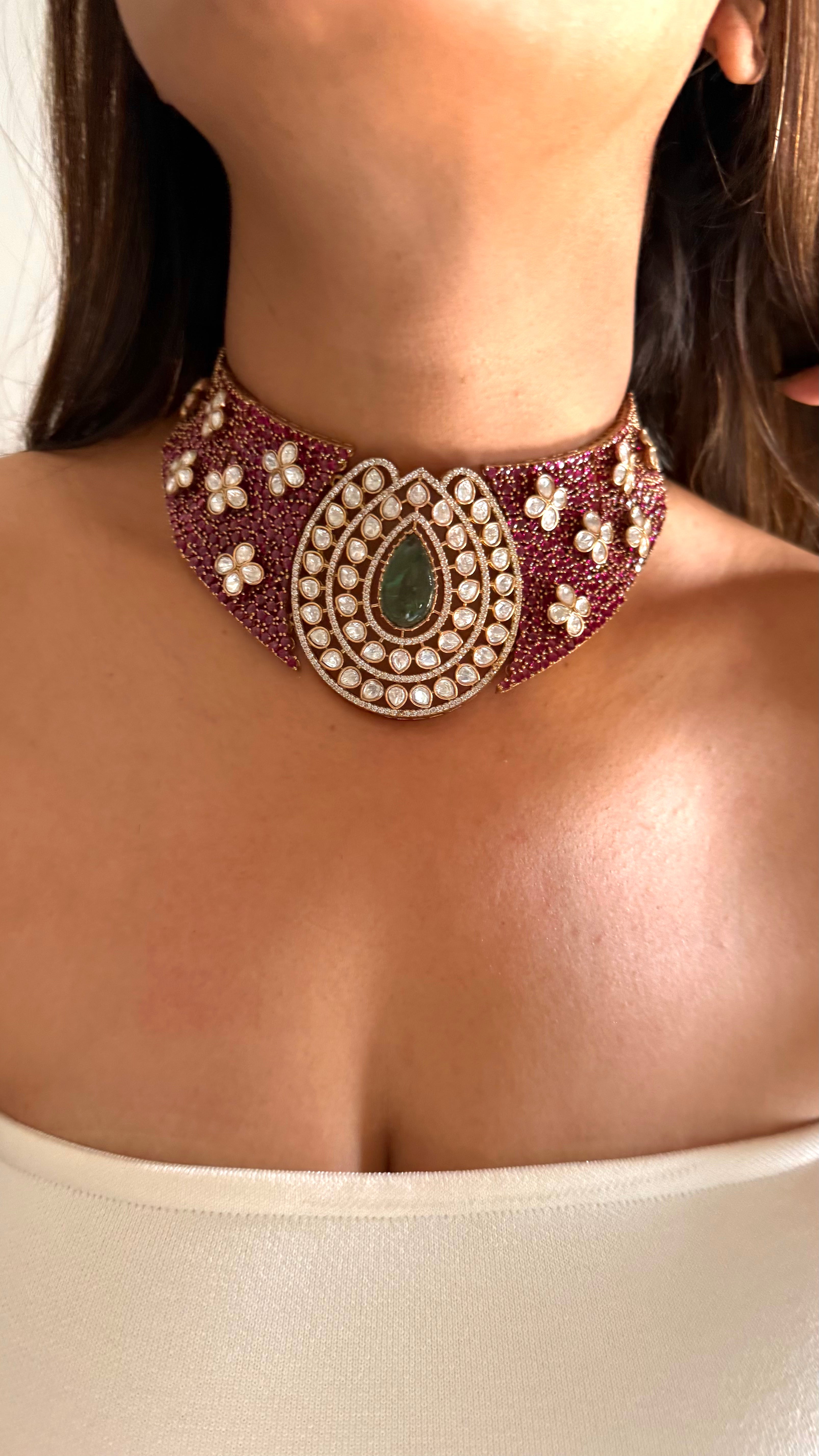 Rani pink & mint drop doublet moissanite flower choker