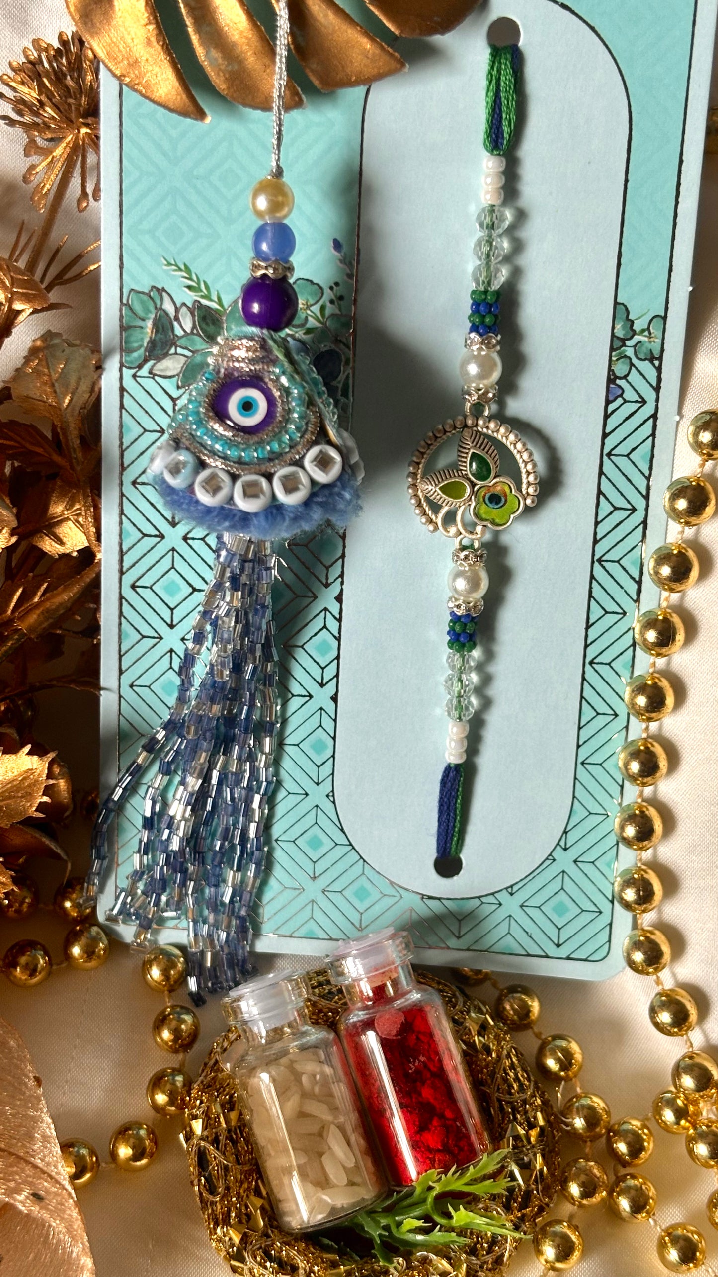Evil eye lumba with morpankh couple rakhi Rakhi ( shipping will be extra )