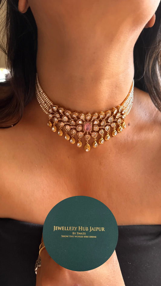Rose quartz doublet with moissanite polki gold polish Necklace