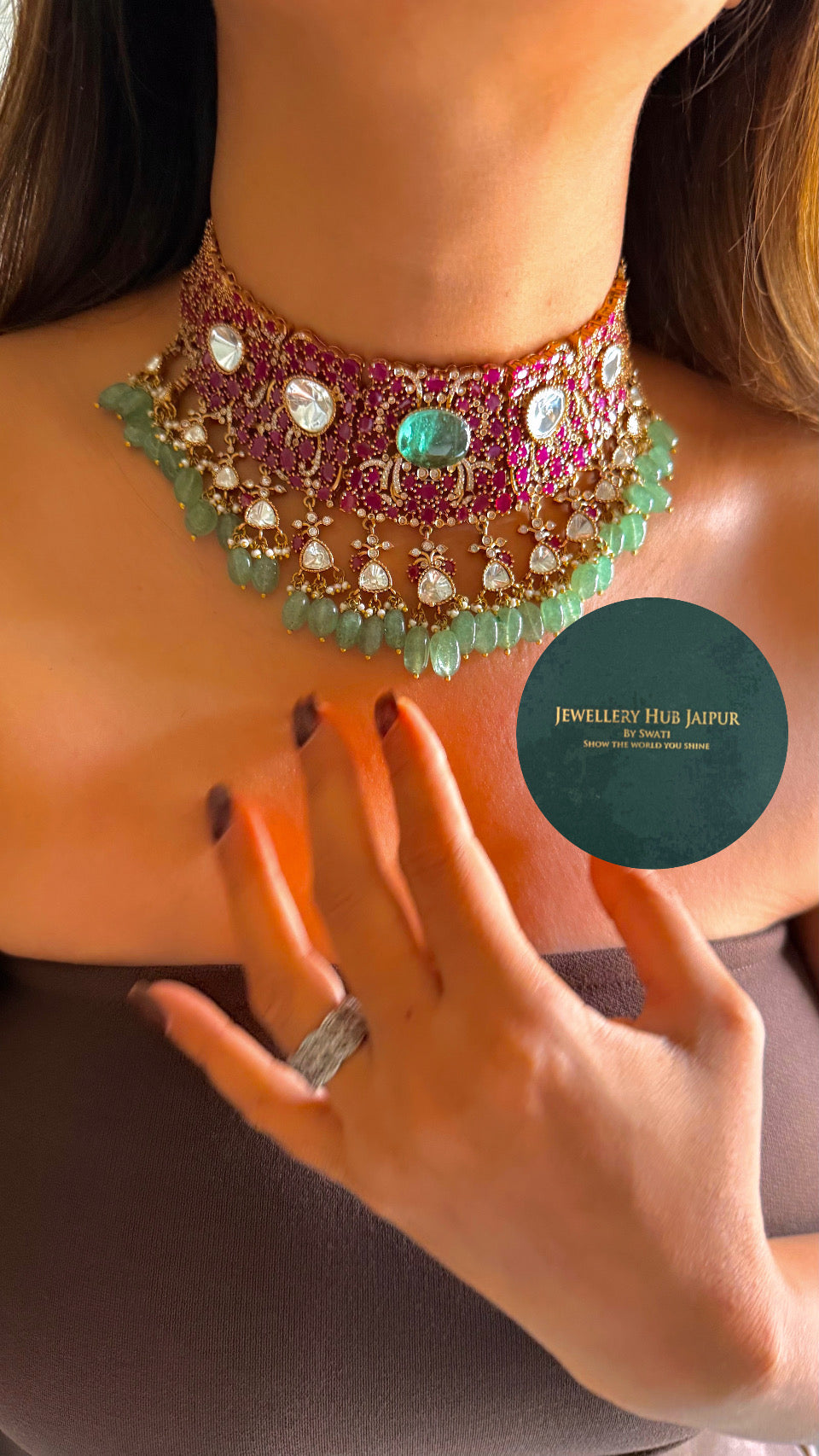 Tiana Rani pink moissanite & mint doublet polki choker