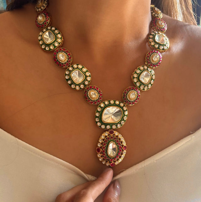 Ruby & emerald meenakari necklace set