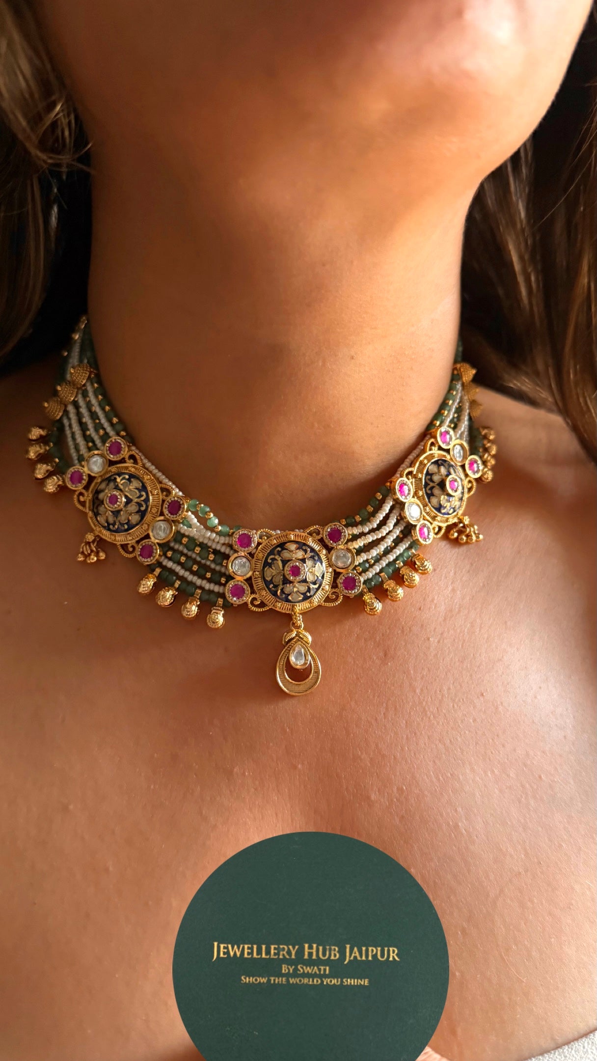Sapphire inlay carved with emerald detailing heritage Necklace