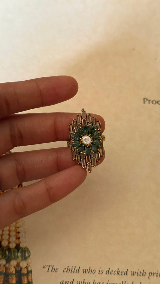 Emerald floral designer cocktail adjustable ring