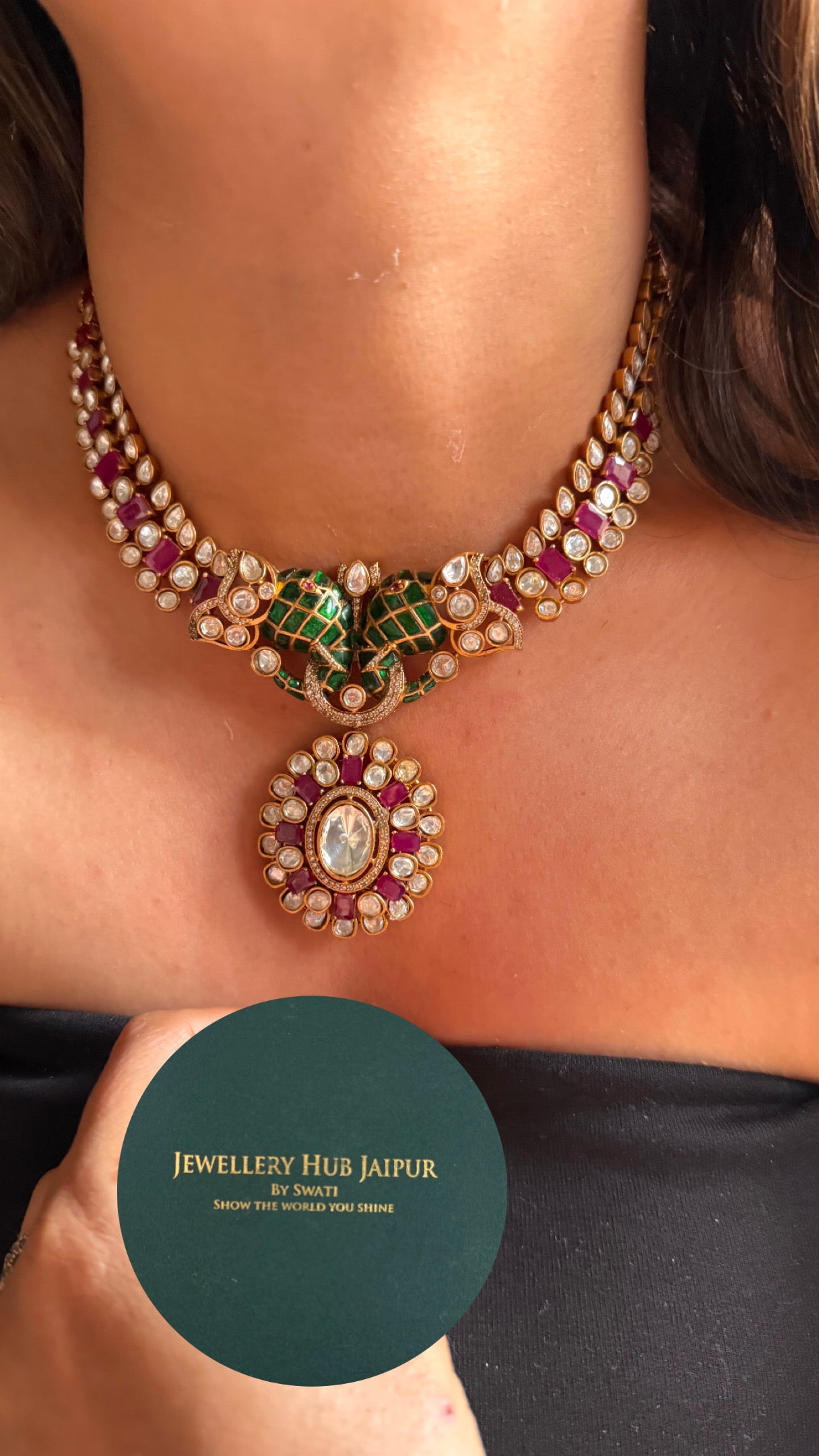 Gajj inspired emerald& rani pink ruby doublet with peeli polki collar Necklace Necklace