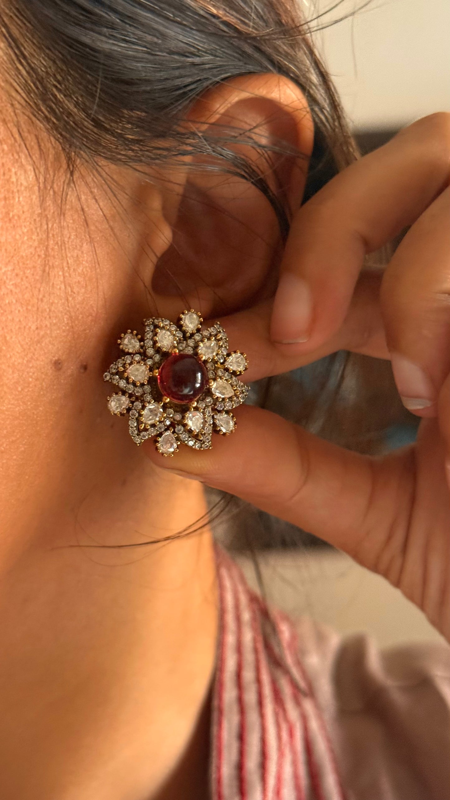 Ruby doublet moissanite victorian floral studs