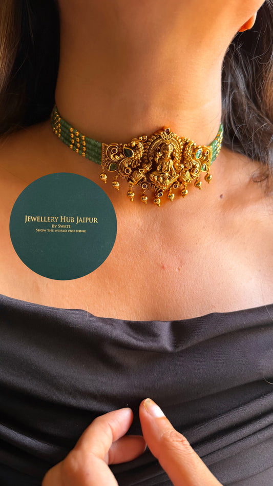 Goddess laxmi & emerald peacock design with mint temple choker set