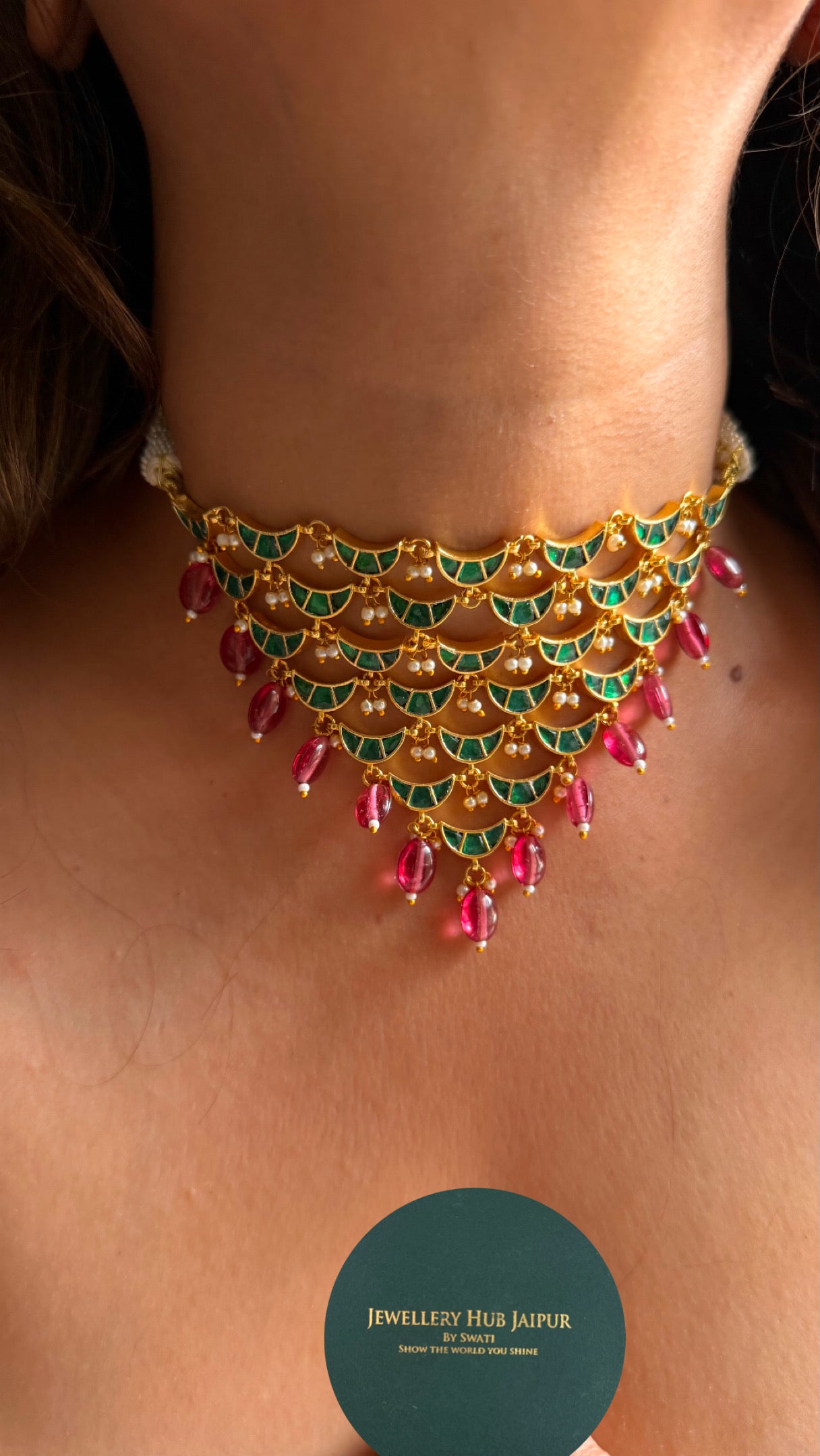 Design emerald half moon with Rani pink  drops choker Necklace