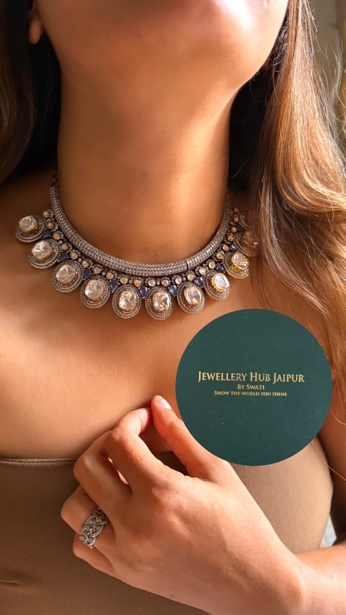 Real uncut moissanite polki & Sapphire stone collar set