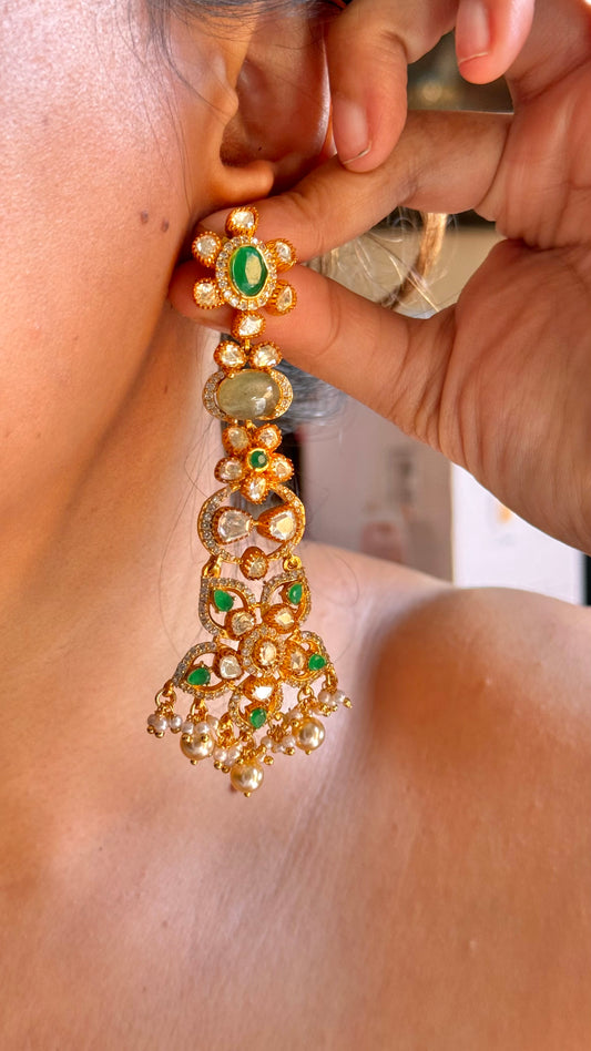 Emerald doublet & real moissanite floral danglers