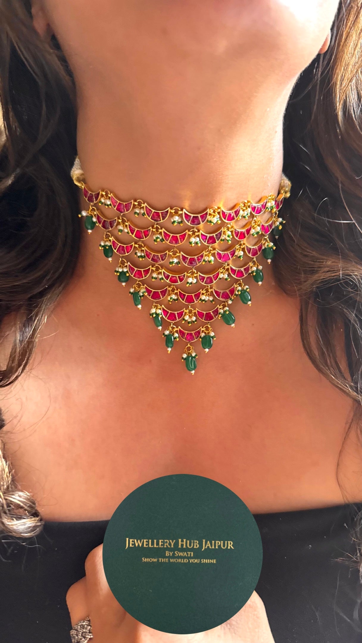 Designer half moon shape with emerald drops choker Necklace