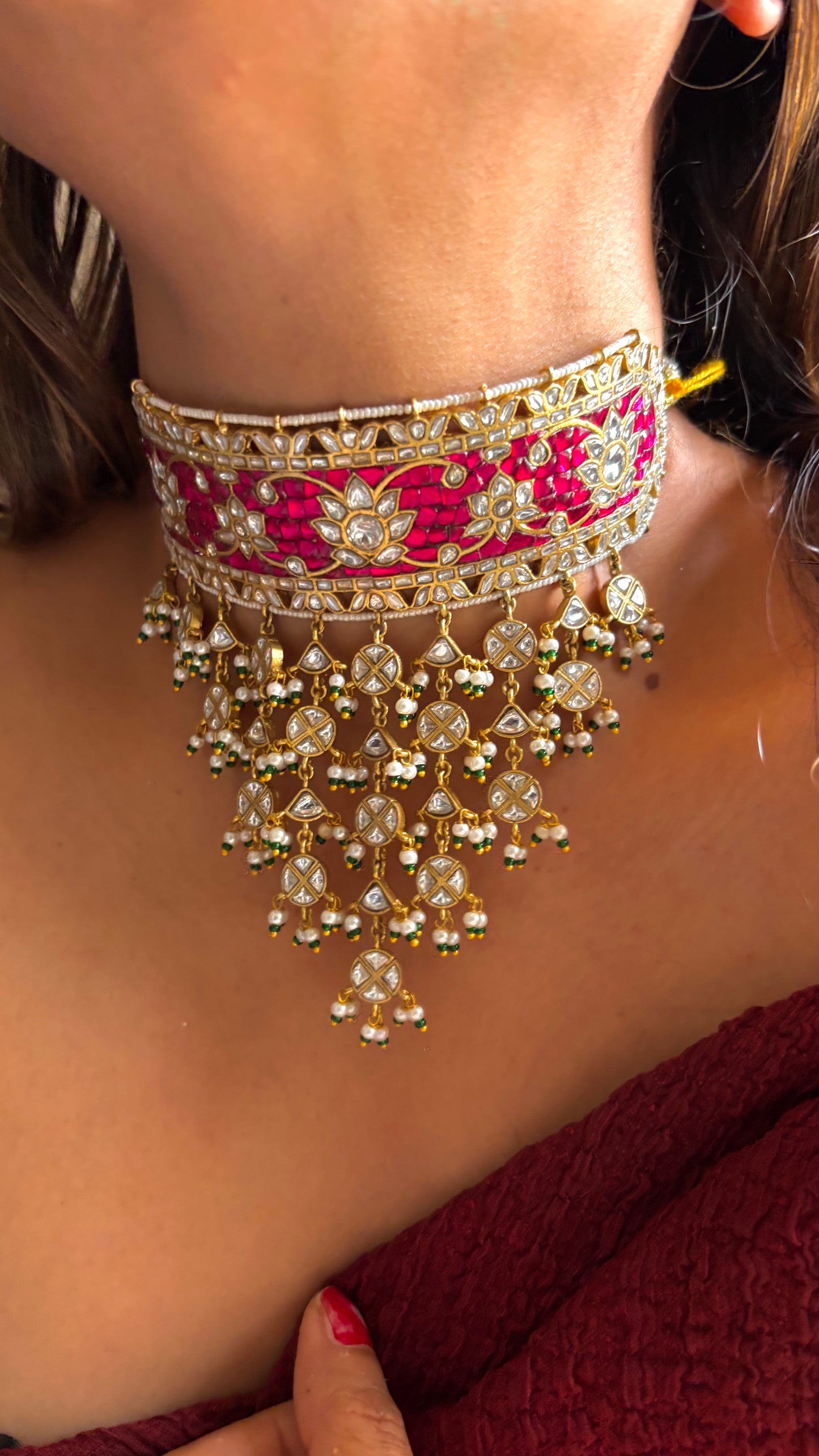 Rani pink nakshi paachi kundan polki aad