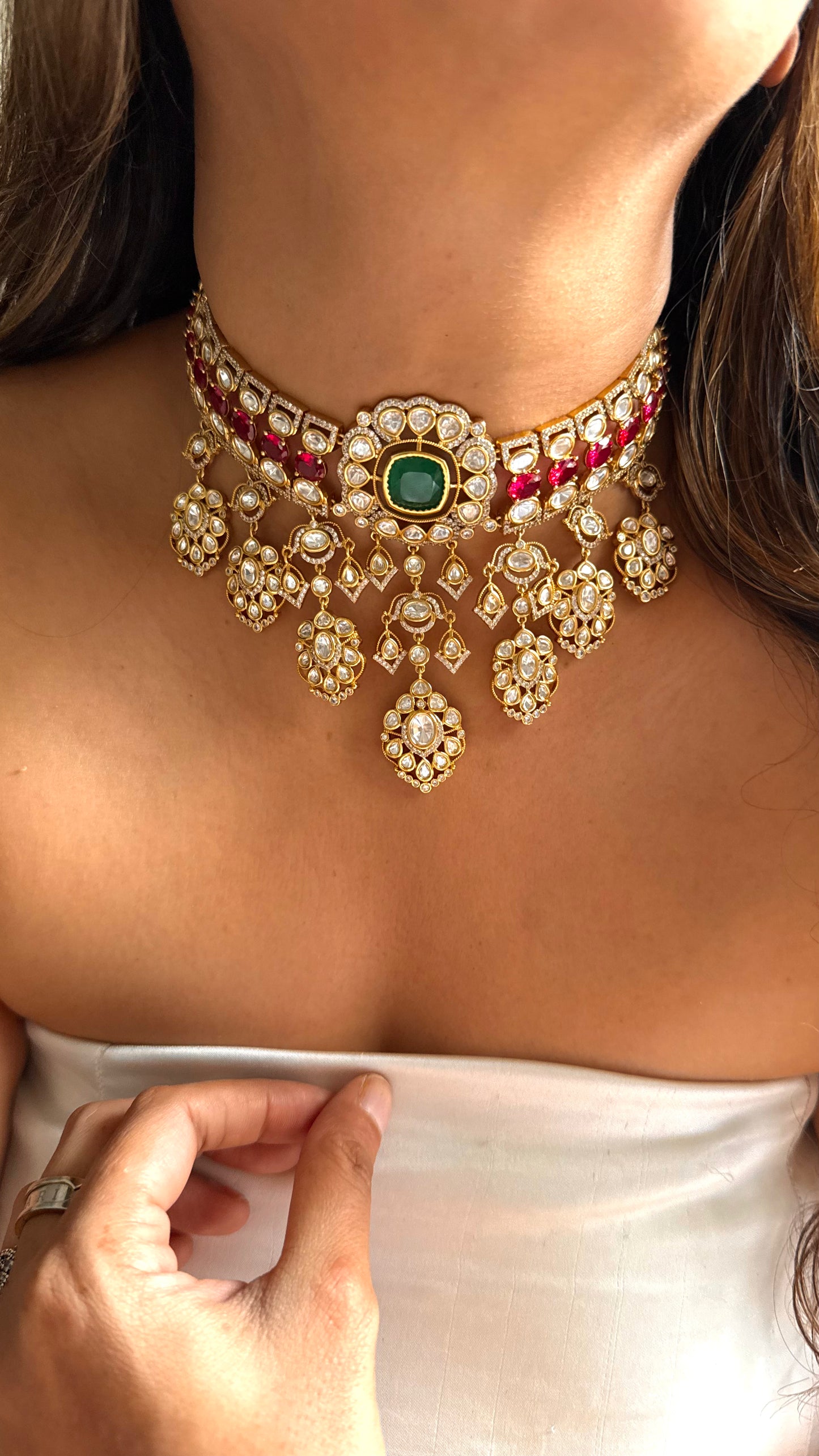 Emerald & Ruby Polki waterfall, choker