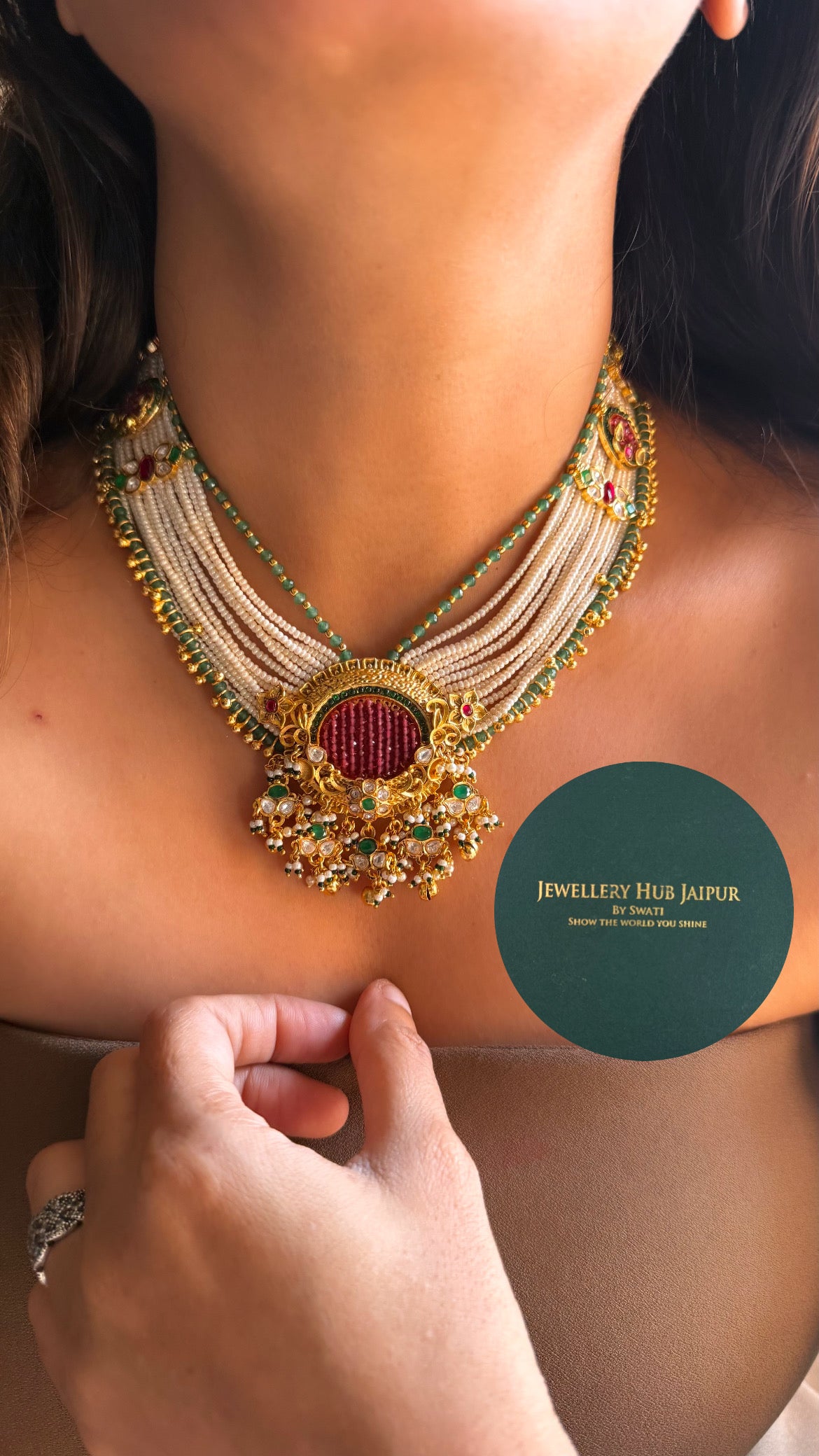 Real moissanite ruby & mint royal rajwada design heritage collar set