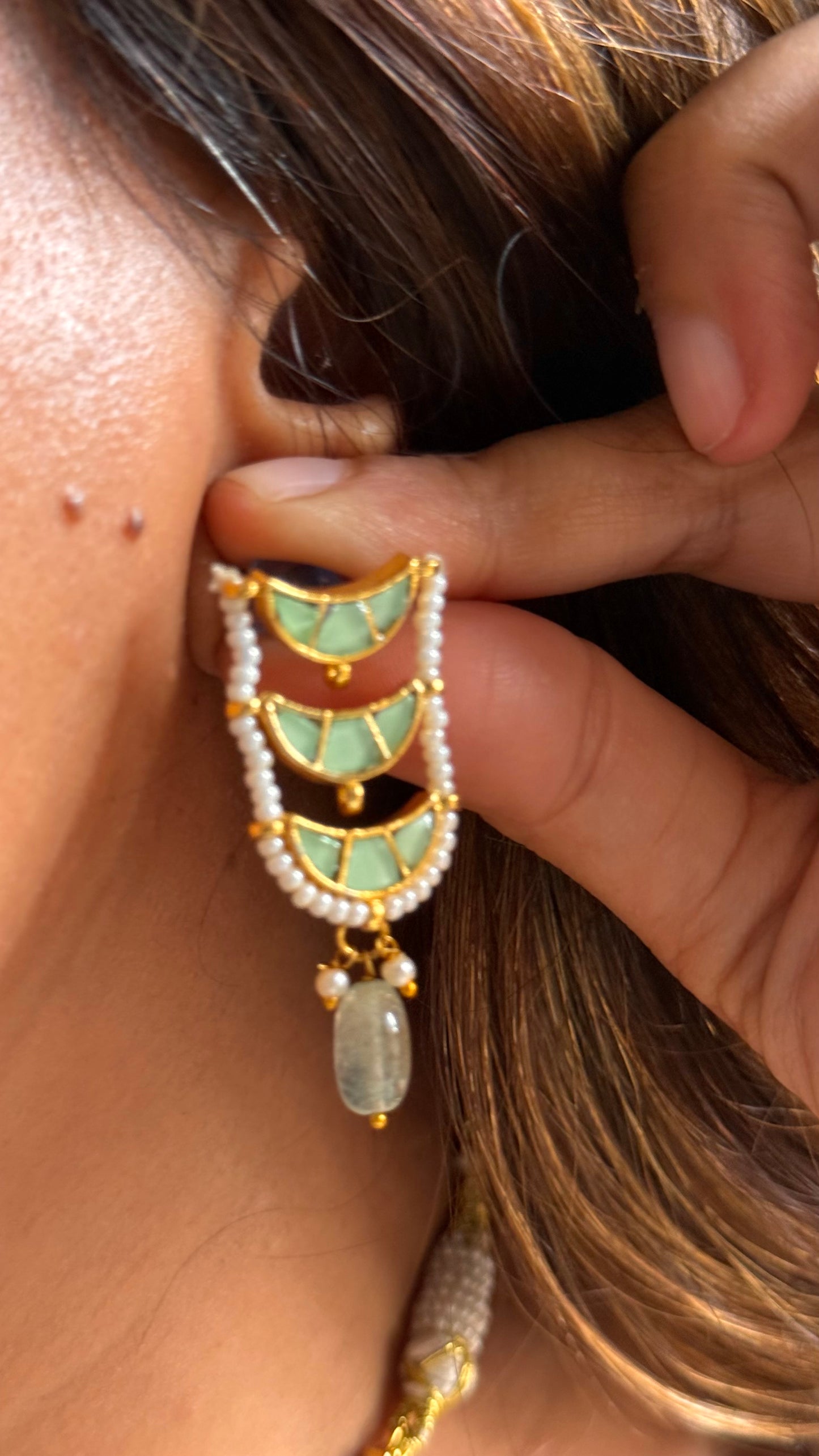 Designer mint half moon with strawberry drops choker Necklace