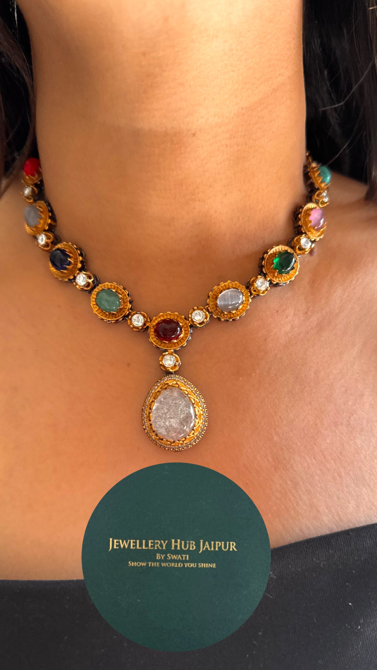 Navratna inspired drop designer necklace