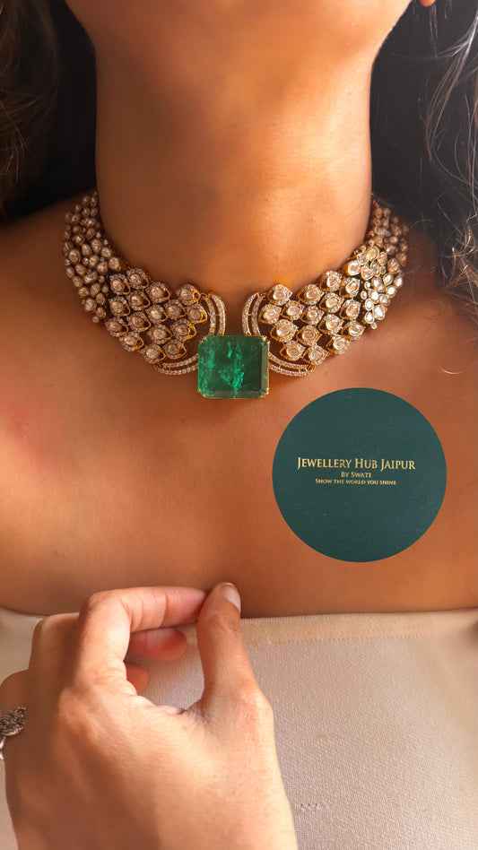 Emerald doublet & moissanite uncut polki choker set