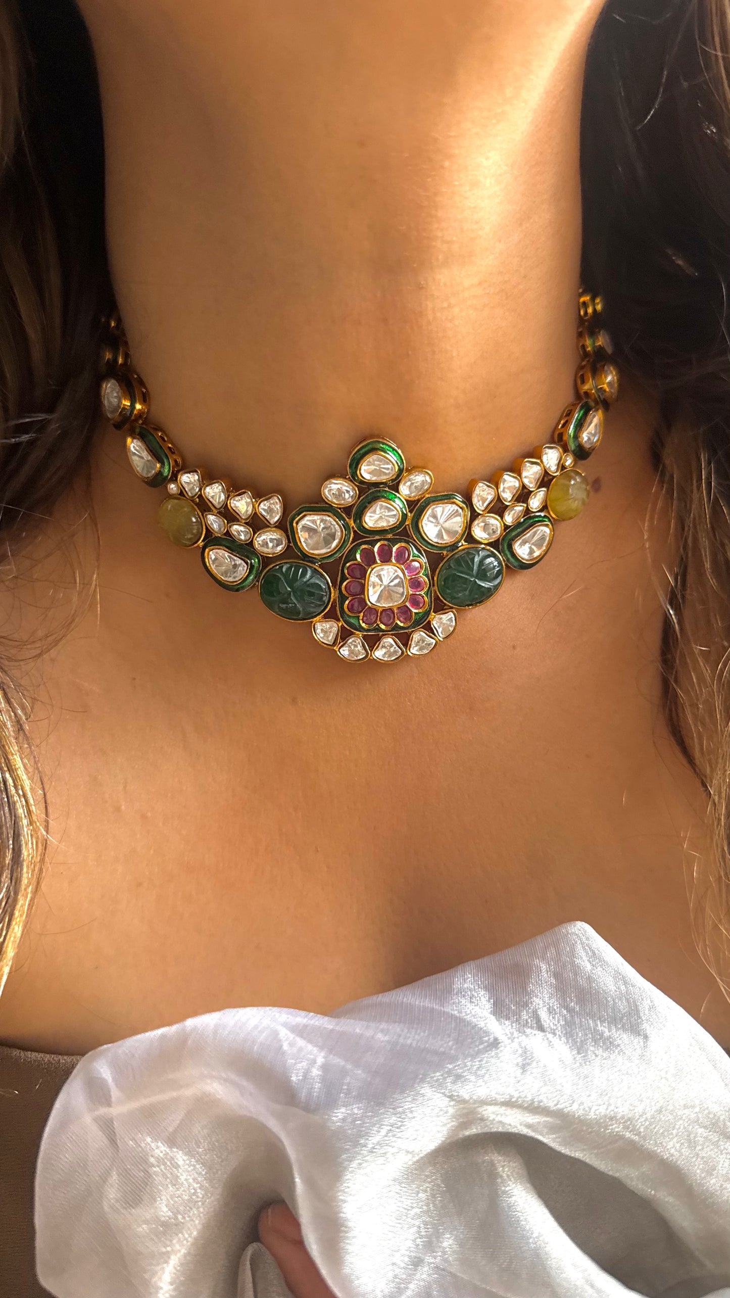 Emerald & Rani Pink MeenaKari Choker