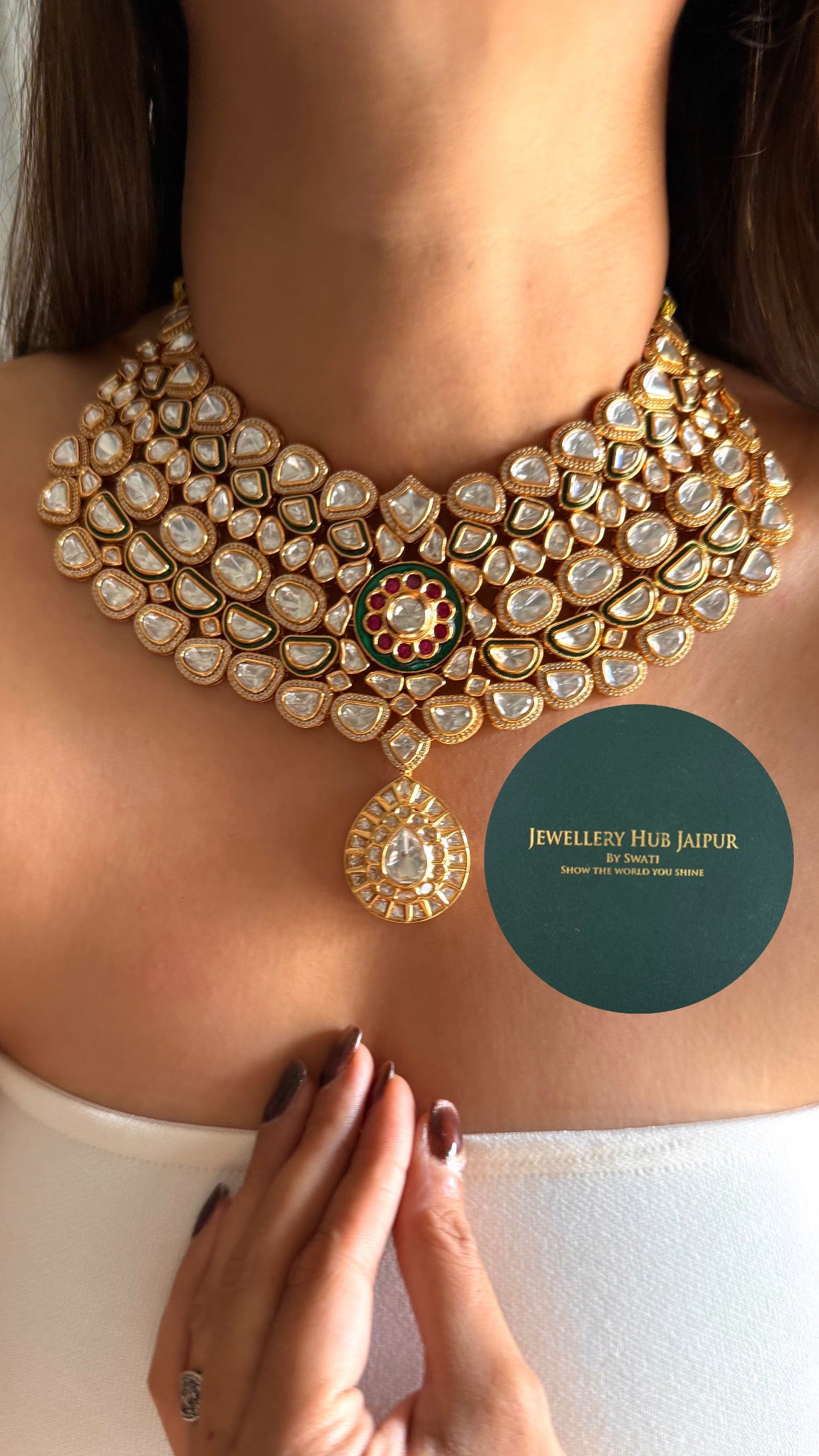 Emerald meenakari & ruby Moissanite uncut polki collar set