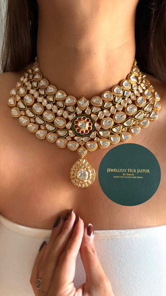 Emerald meenakari & ruby Moissanite uncut polki collar set
