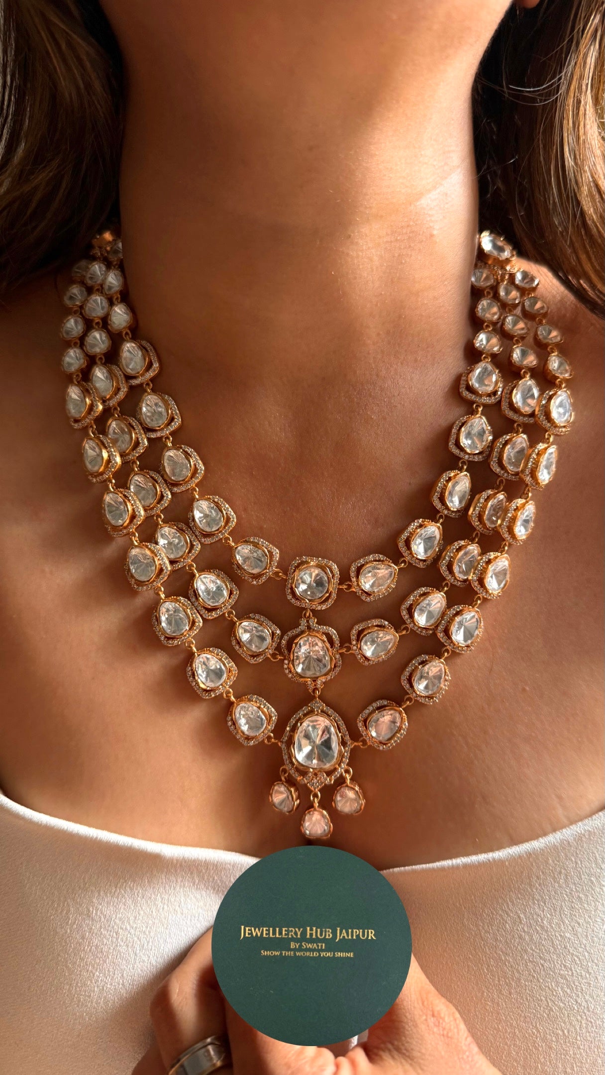 Triple layer real Moissanite uncut polki Necklace