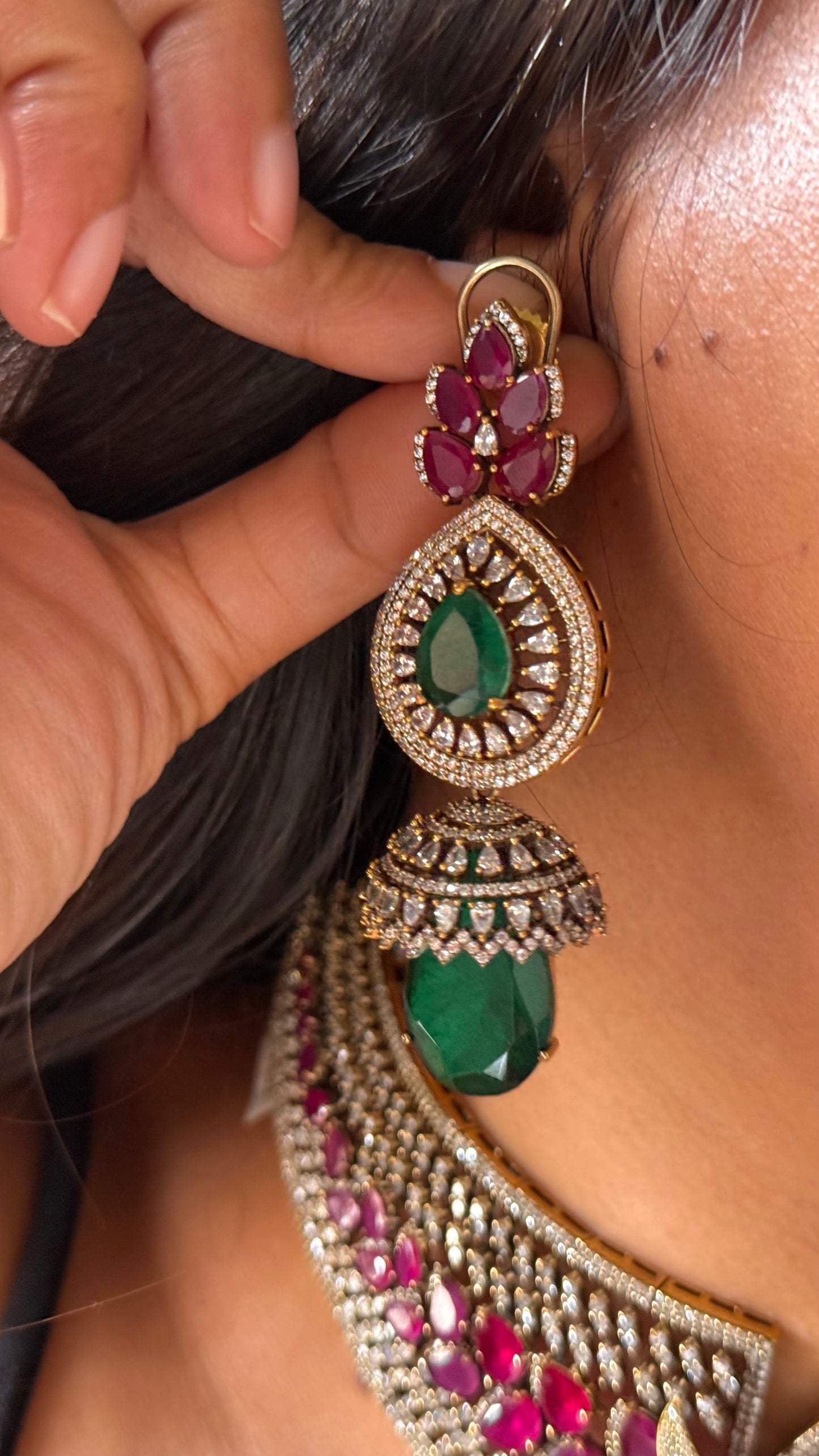 Emerald & Rani pink with cz diamond cocktail Necklace