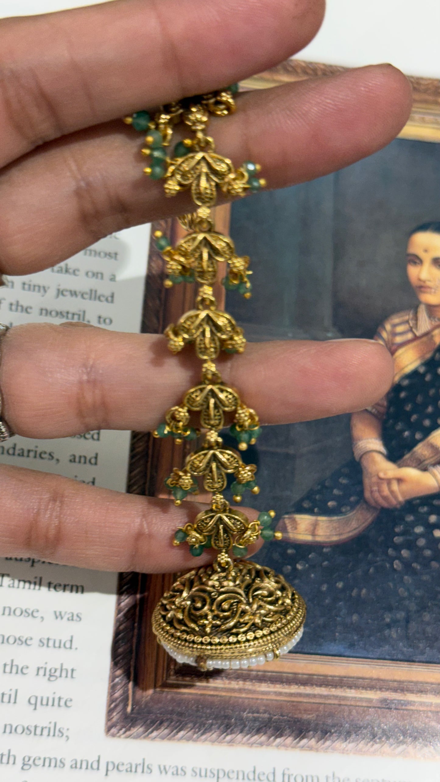 Oxidised gold nakshi borla with mint detailing