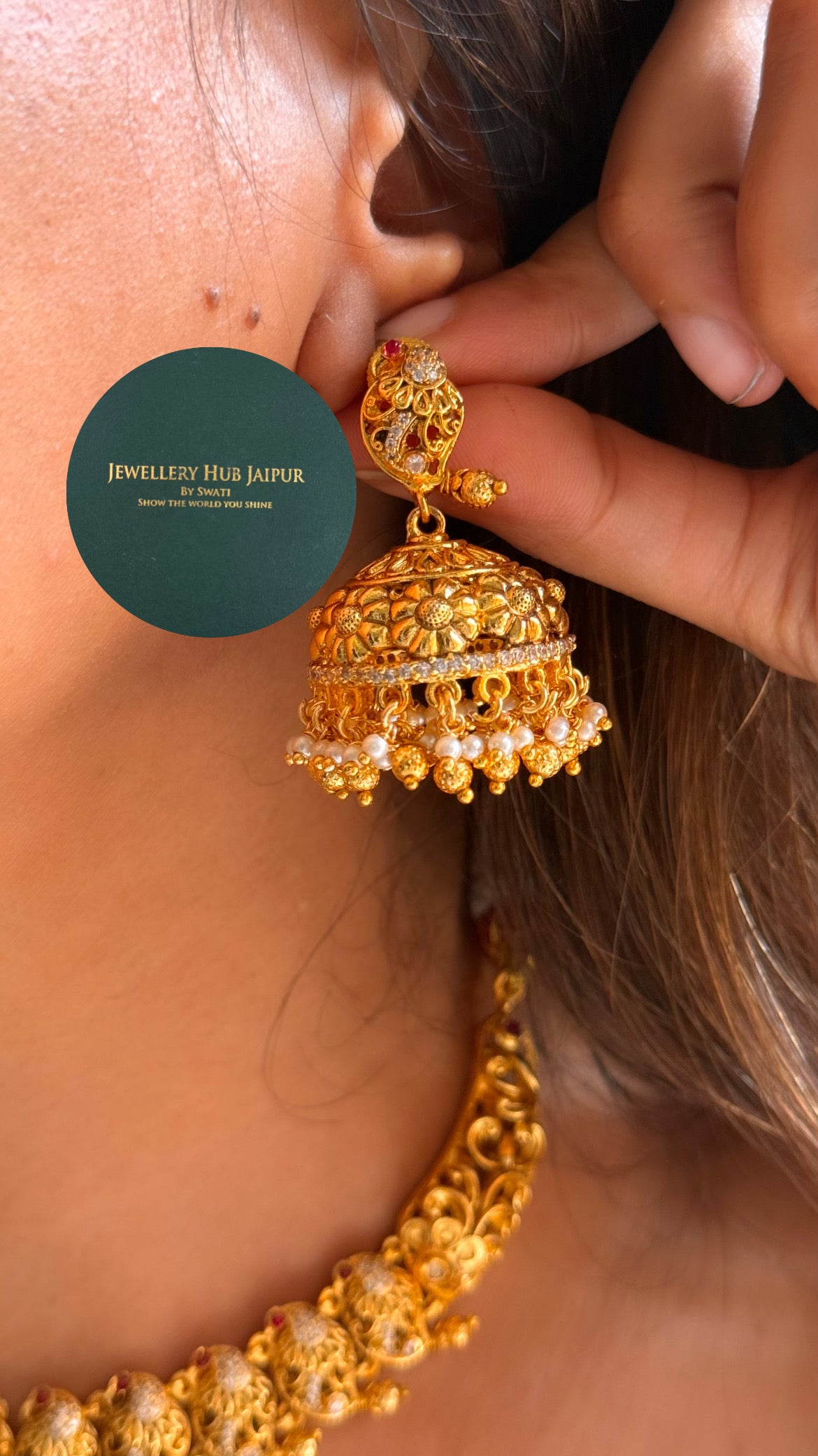 Ruby designer with minimal jhumka with pearl drop temple set