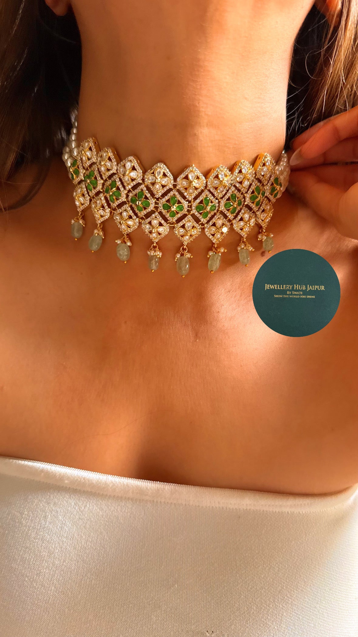 Rani pink & emerald floral polki with mint drop choker set