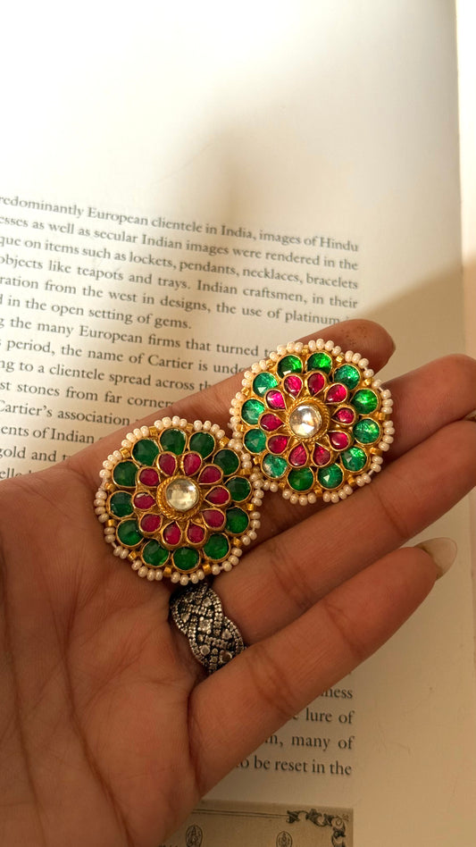 Paachi Rani pink & emerald kundan studs