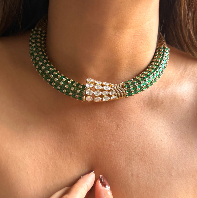 Moissanite uncut polki & emerald designer hasli