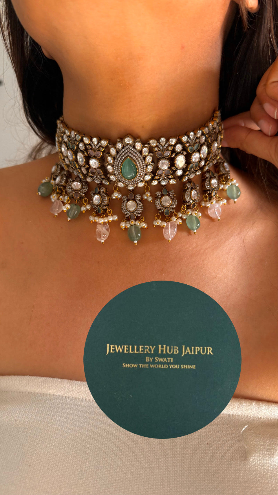 Mint & pink Victorian choker with studs