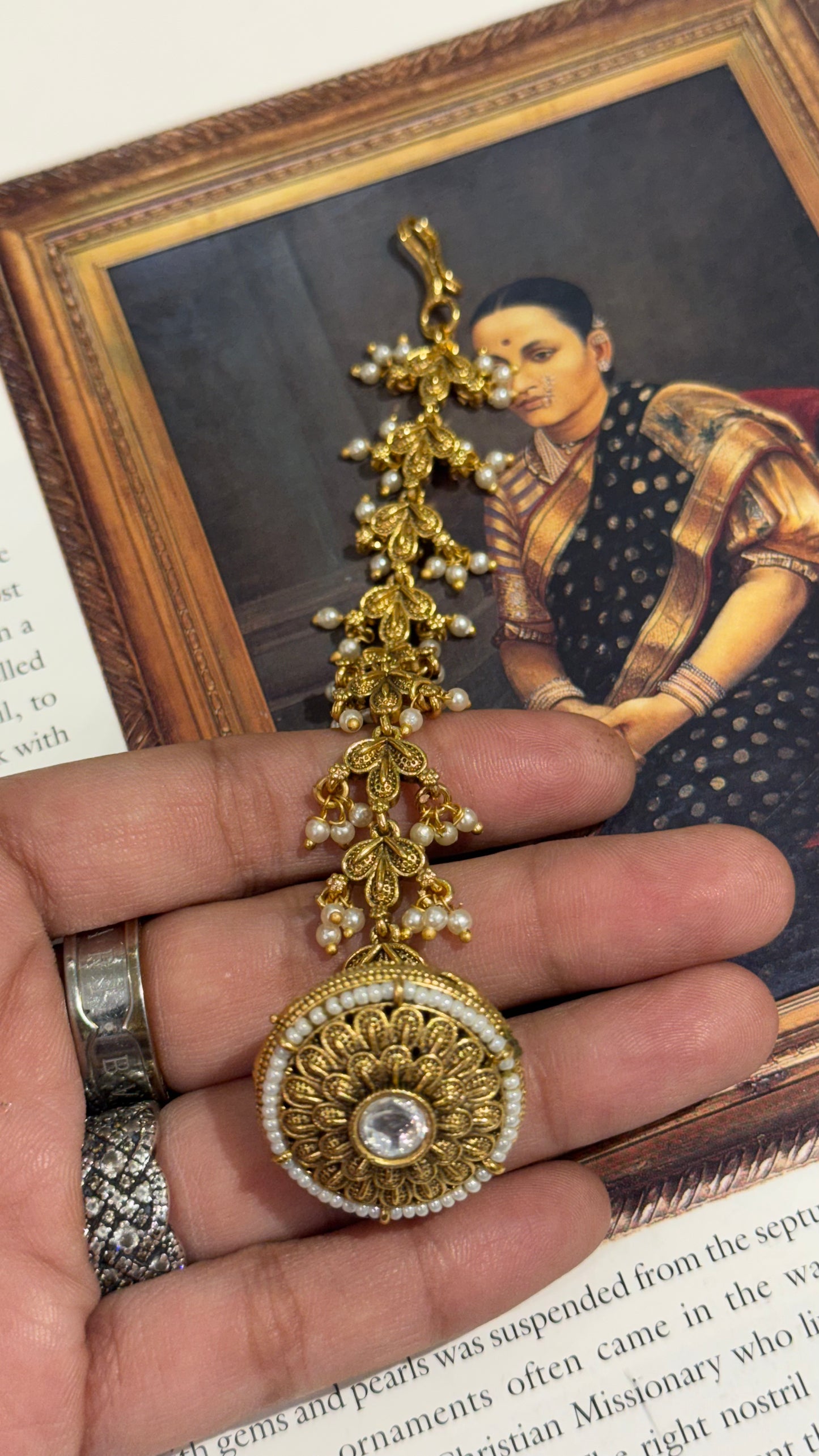 Oxidised gold nakshi borla with pearl detailing
