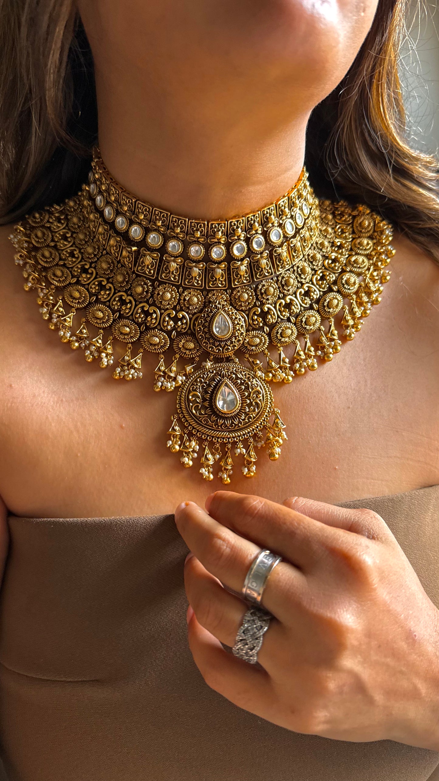 Oxidised heritage royal rajwada uncut polki necklace