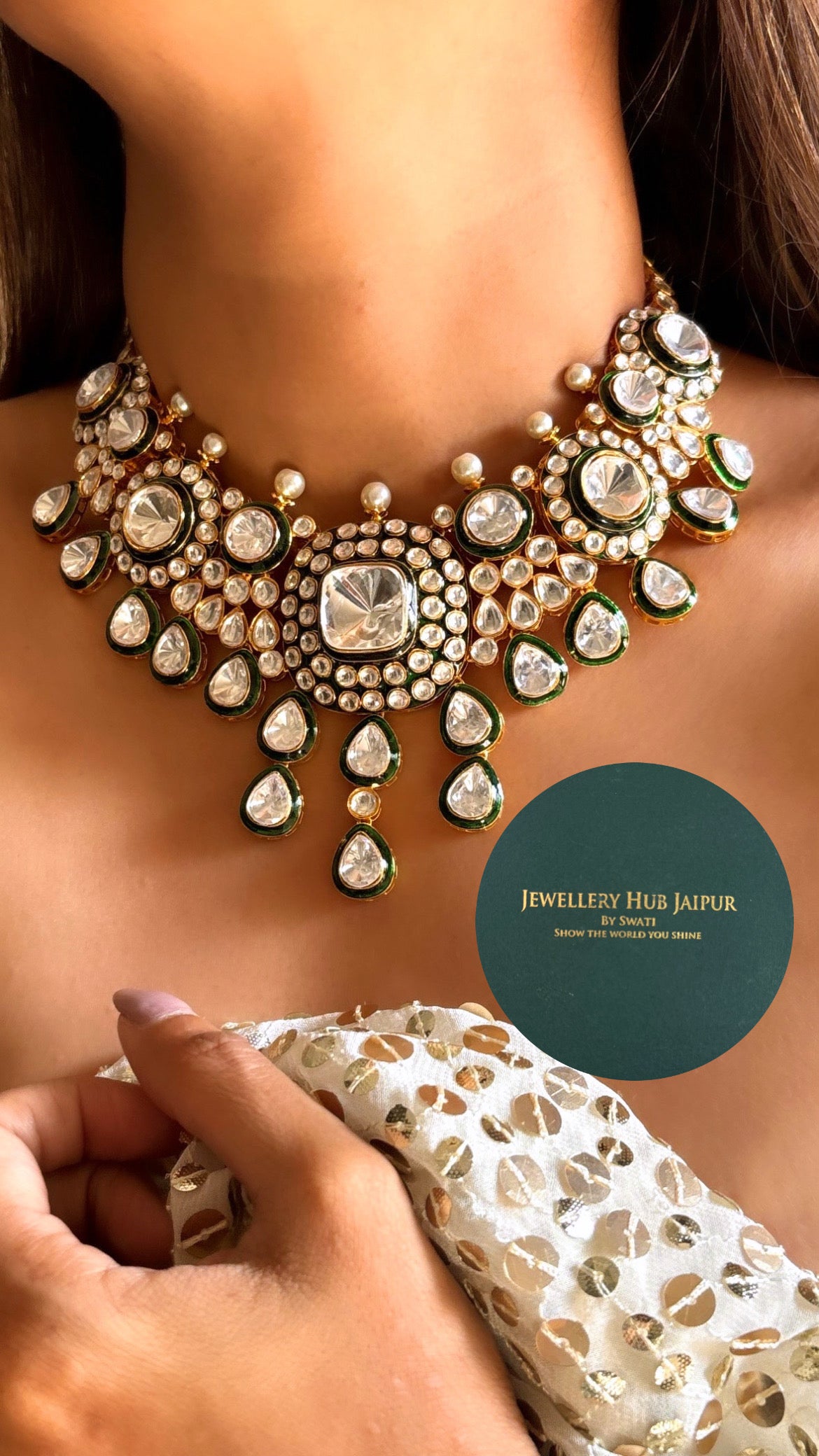 Uncut polki emerald meenakari collar set