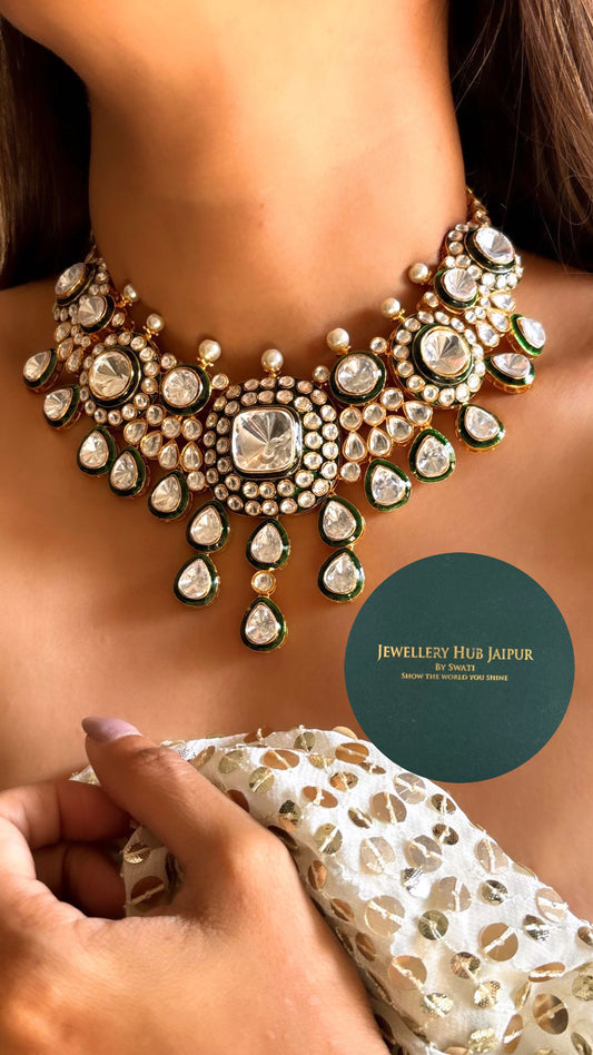 Uncut polki emerald meenakari collar set
