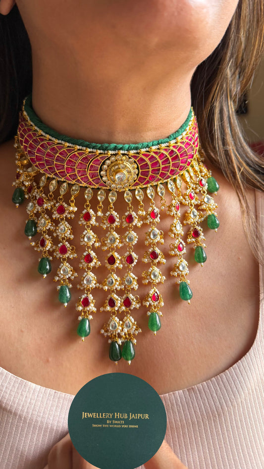 Jadau Ruby panna with emerald drops choker necklace