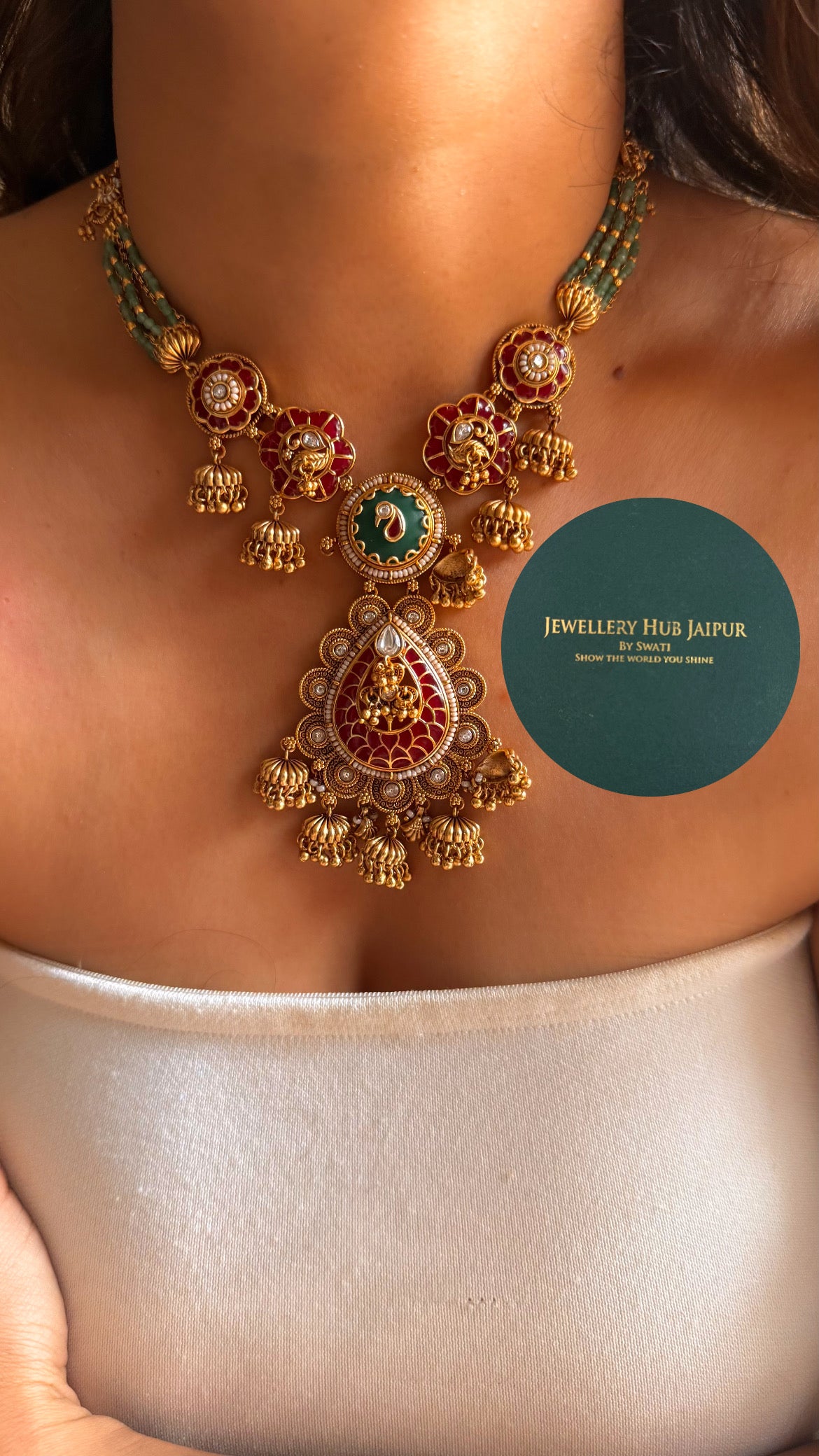 Ruby & emerald inlay work jhumka style rajwada collar set