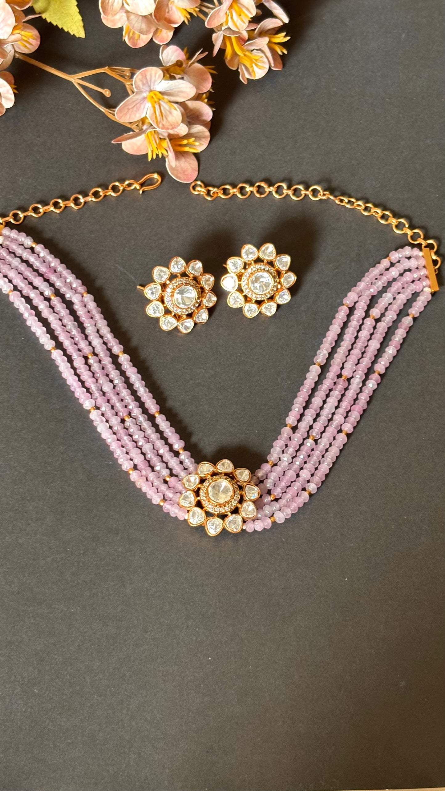 Real Moissanite floral polki Lilac pearl detailing choker necklace